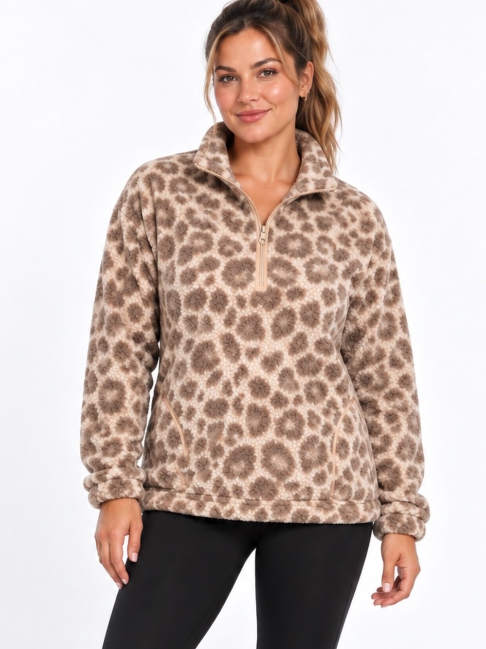 Ripzone Brown Cream Animal Leopard Print Sherpa Quarter-Zip Fleece Pullover – Pl